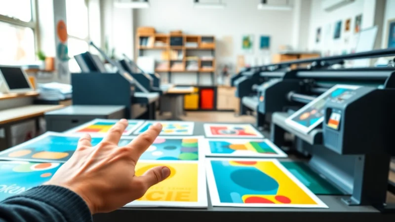 Showcasing school poster printers at work with vibrant designs and colorful posters displayed.