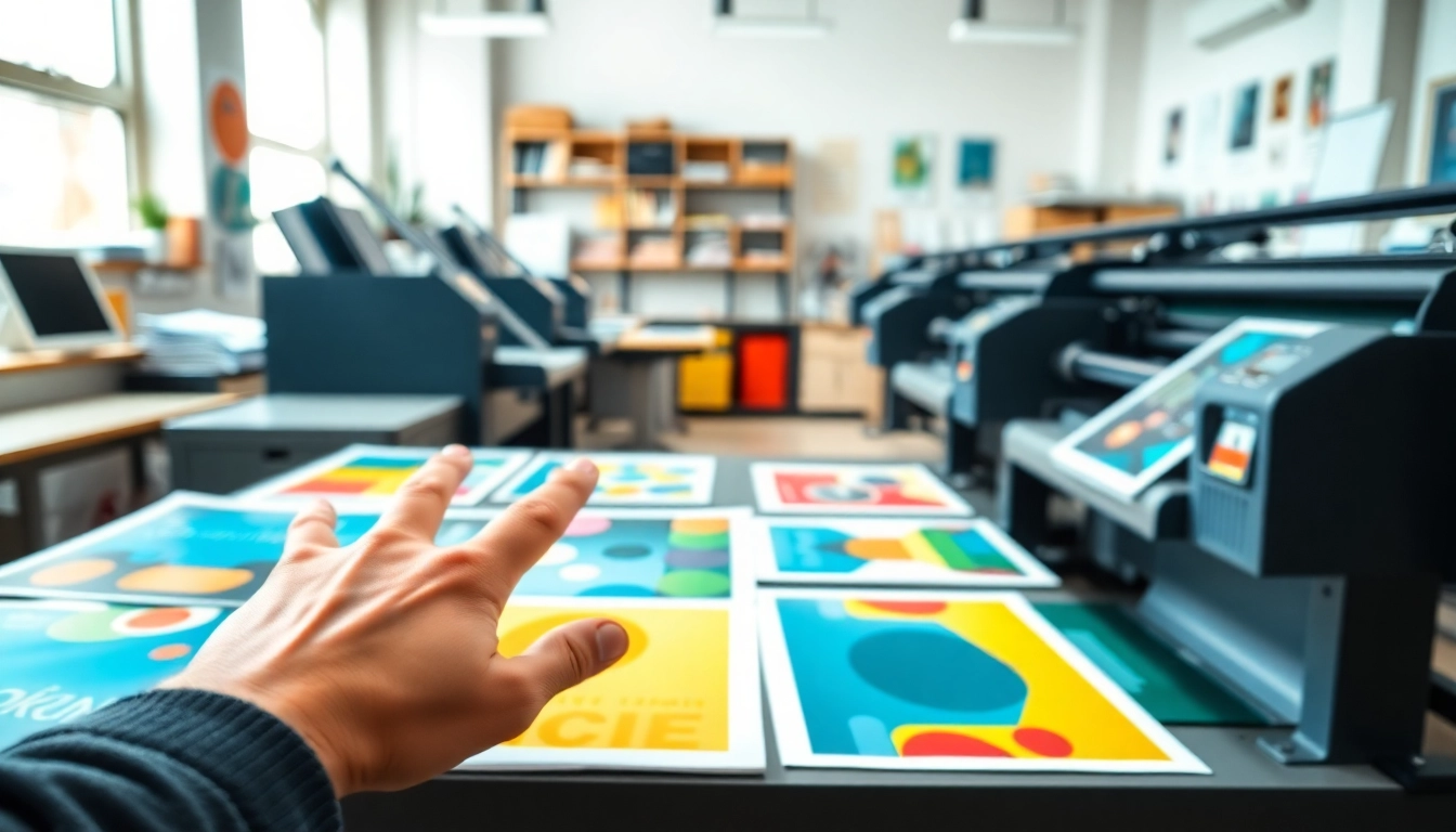 Showcasing school poster printers at work with vibrant designs and colorful posters displayed.