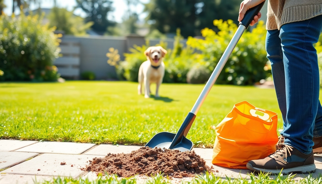 A person demonstrating how to clean up dog poop in a sunny backyard using a pooper scooper.