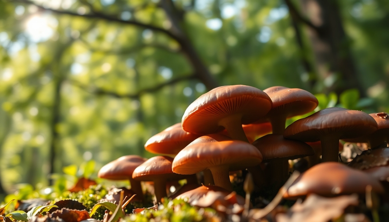 Harvesting chocolate mushrooms from a vibrant forest, showcasing their rich colors and textures.