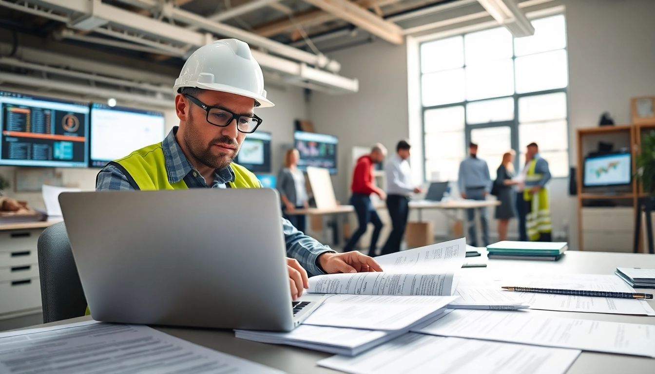 Contractor analyzing DAS 140 forms in a professional office setting.