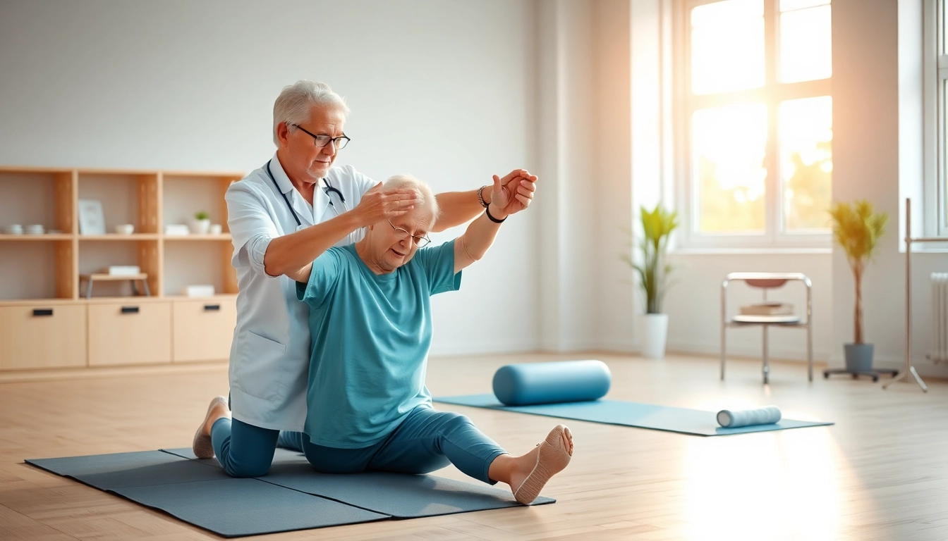 Senior physiotherapy Edmonton: Therapist guiding elderly patient through rehabilitation exercises in a modern clinic.