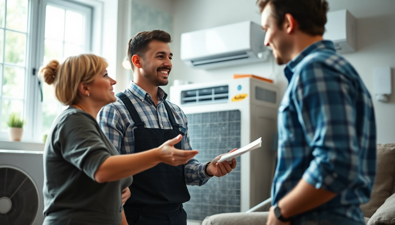 Find trusted HVAC dealers near me while a technician engages comfortably with a homeowner.