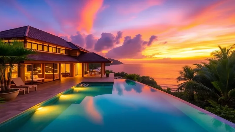 Experience luxurious phuket real estate with a stunning villa and pool overlooking the ocean.