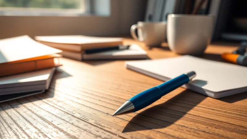 Showcasing a blue handwriting pen elegantly positioned on a wooden desk among stationery.
