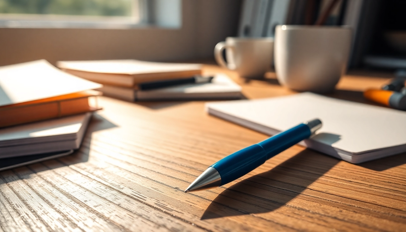 Showcasing a blue handwriting pen elegantly positioned on a wooden desk among stationery.