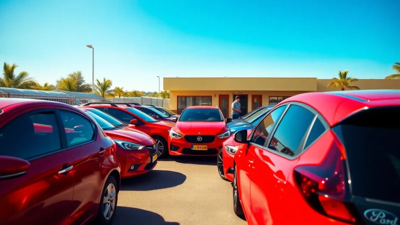 Book cheap car rental deals with diverse cars shown in an inviting rental lot atmosphere.
