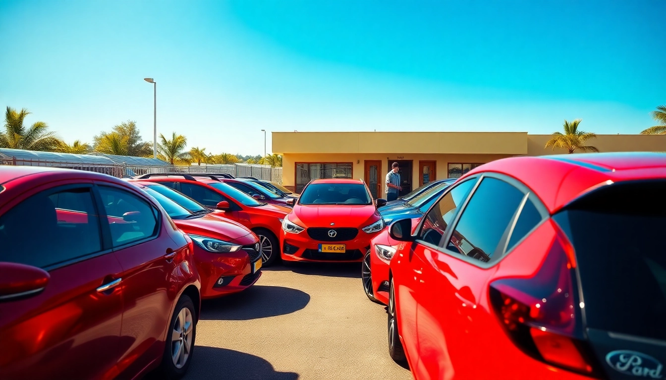 Book cheap car rental deals with diverse cars shown in an inviting rental lot atmosphere.