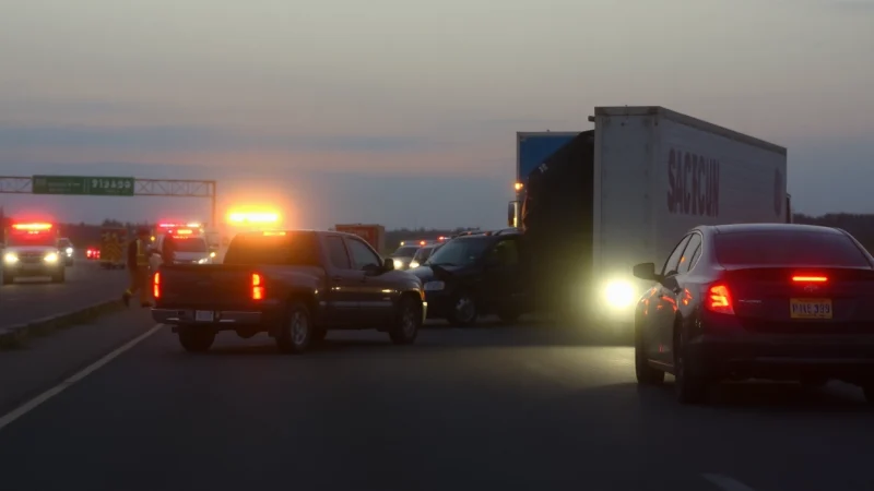 Traffic accident in Düzce shows pickup truck collided with a large truck, highlighting the urgency of immediate rescue efforts.