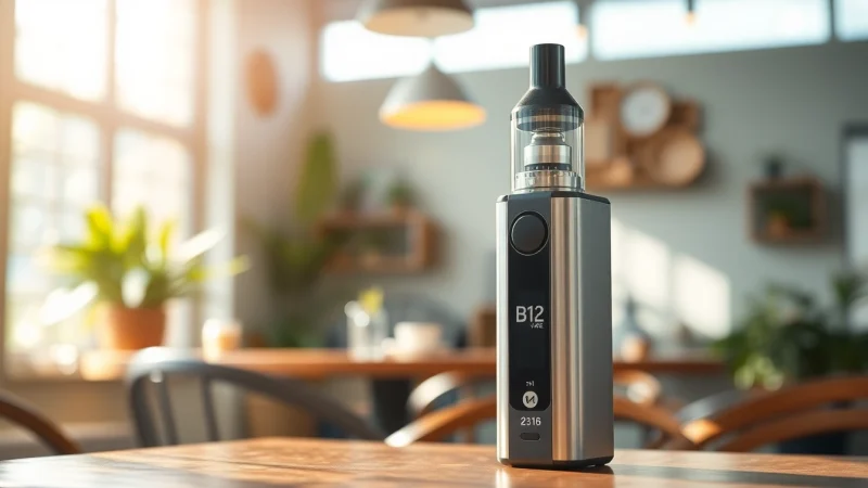 B12 vape device highlighted in a café setting with soft natural lighting.