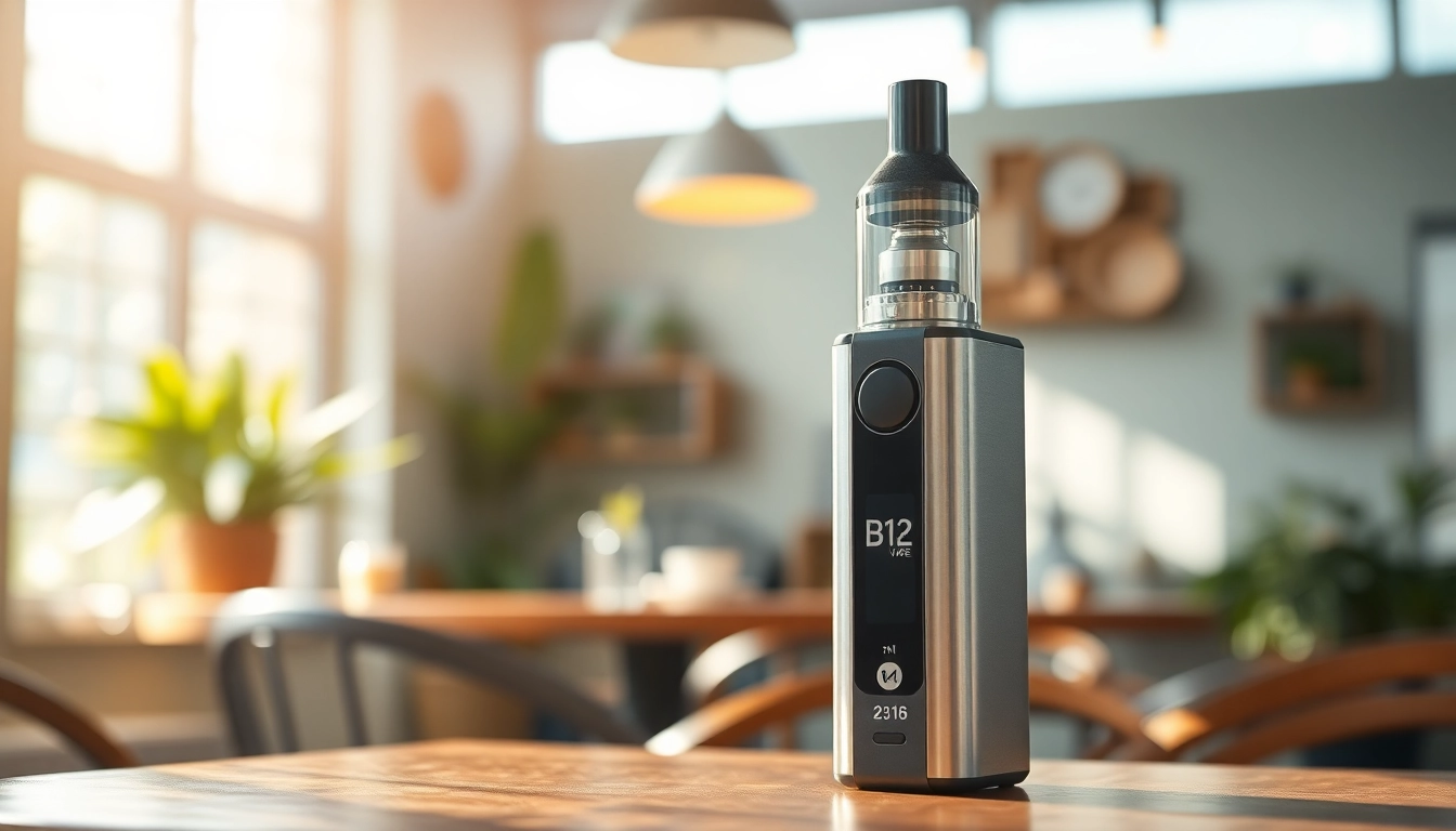 B12 vape device highlighted in a café setting with soft natural lighting.