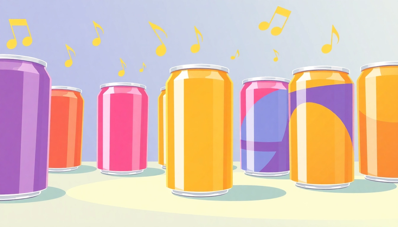 Download the latest 汽水音乐下载 with colorful soda cans and musical notes in a lively setting.