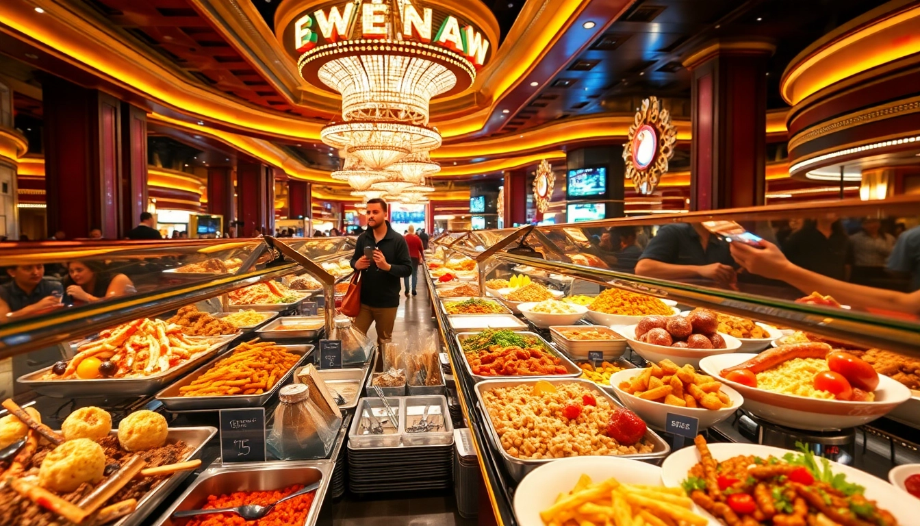 Experience the delicious Buffets in Las Vegas with a vibrant array of food options showcased in a luxurious setting.