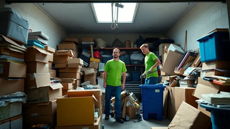 Efficient junk removal service team clearing cluttered garage with professionalism and teamwork.