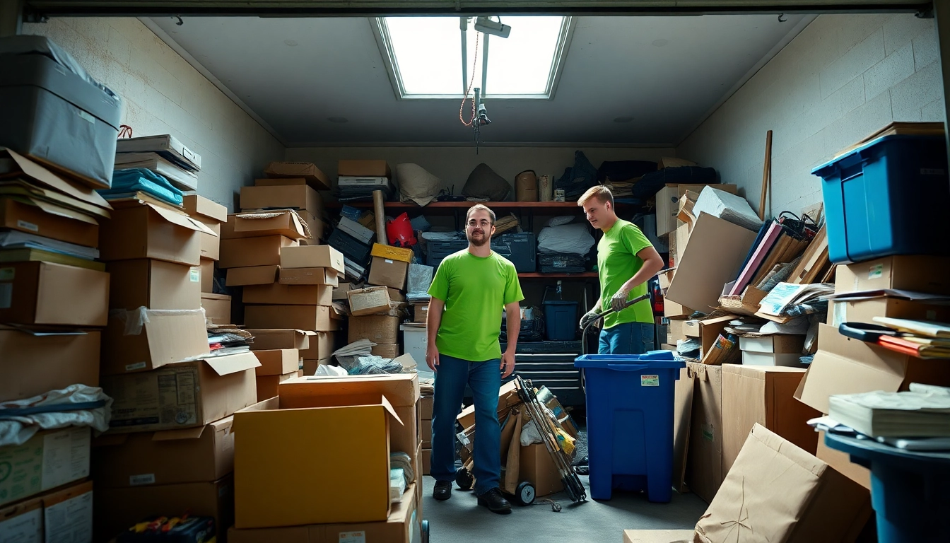 Efficient junk removal service team clearing cluttered garage with professionalism and teamwork.