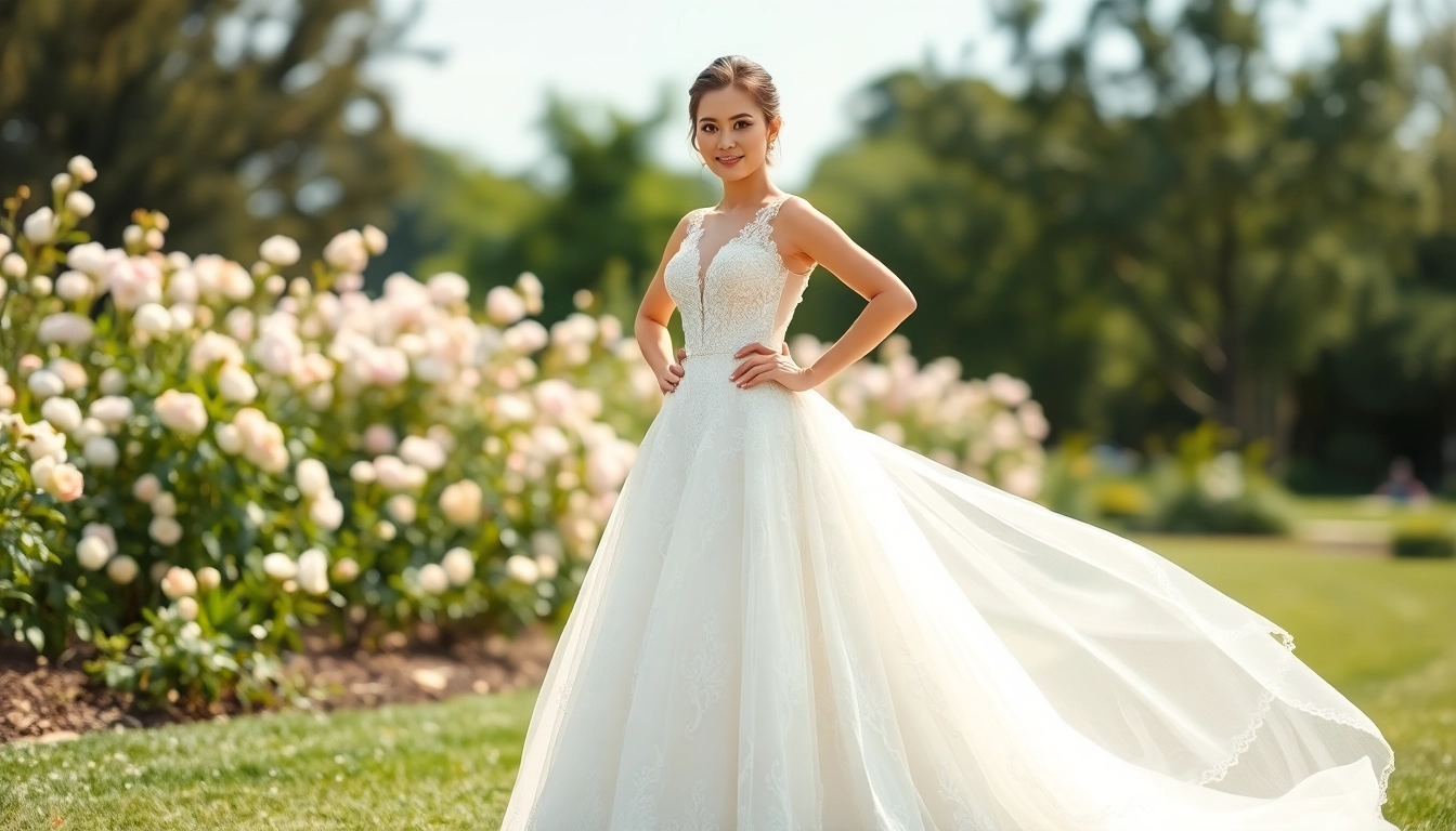 Model wearing a stunning fit and flare wedding dress in an outdoor garden, emphasizing elegant lace details.