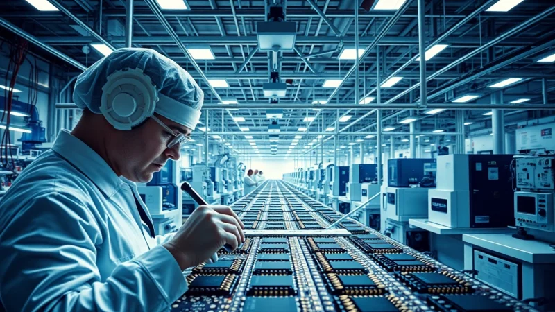 AMERICAN technician inspecting microchips in a bustling manufacturing facility.