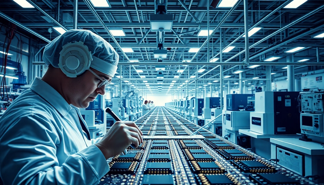 AMERICAN technician inspecting microchips in a bustling manufacturing facility.