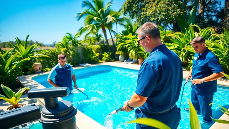 Pool maintenance companies near me offering professional service in a sunny backyard.