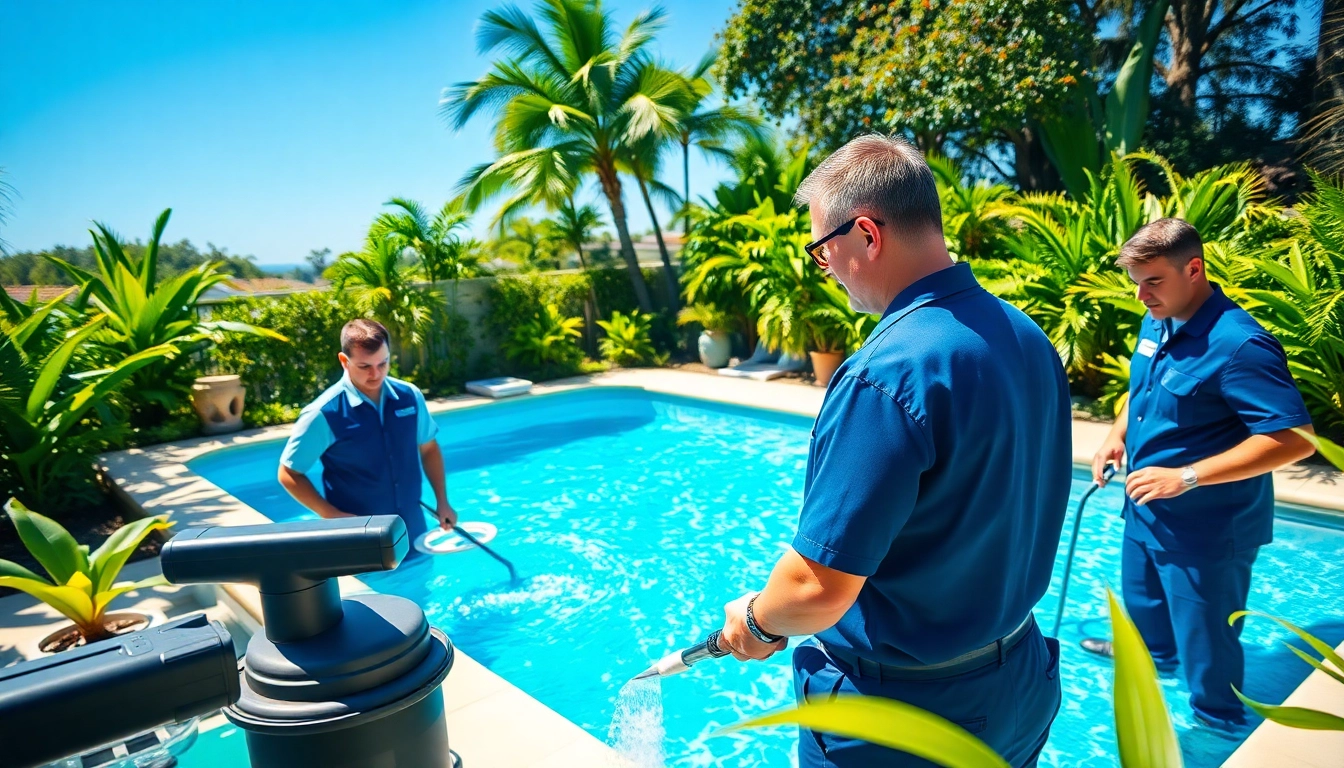 Pool maintenance companies near me offering professional service in a sunny backyard.