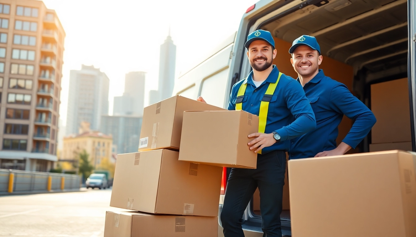Engaging man and van moving service showcasing two professional movers efficiently loading boxes