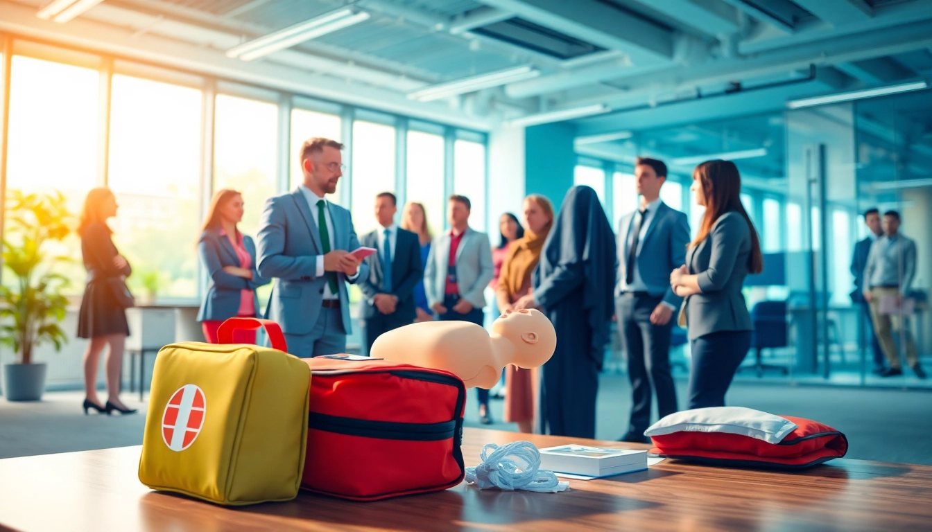 Learn workplace first aid skills in a professional training session with instructors and employees.