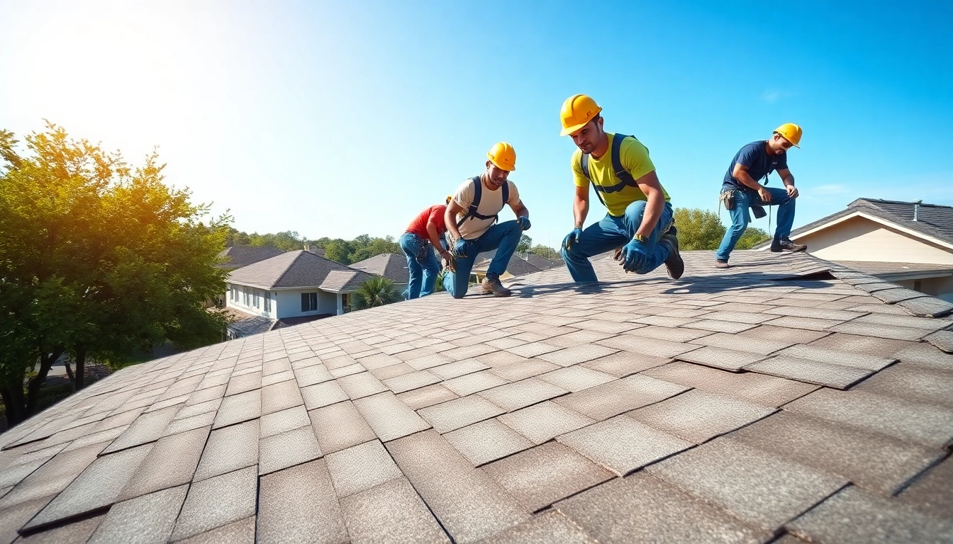 Licensed and insured roofers Austin expertly installing roofing shingles on a residential home.