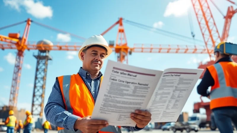 Examine NVQ Level 4 Crane supervisor answers while a professional inspects cranes on-site.