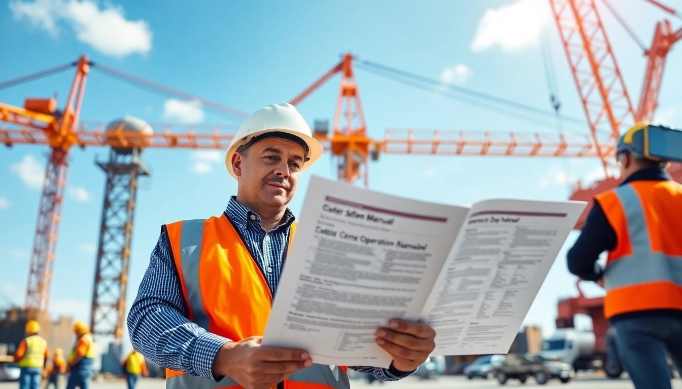 Examine NVQ Level 4 Crane supervisor answers while a professional inspects cranes on-site.