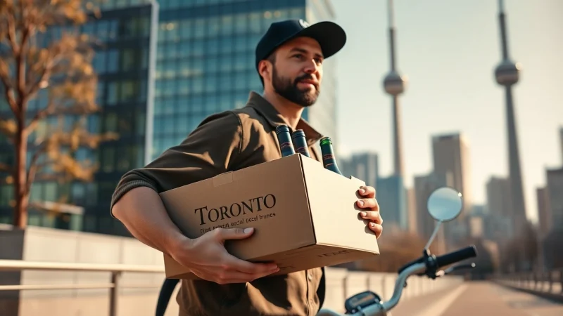 Efficient wine delivery Toronto from a local service with a friendly driver in front of a city landmark.