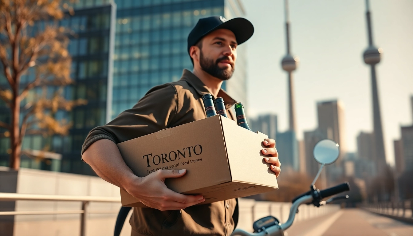 Efficient wine delivery Toronto from a local service with a friendly driver in front of a city landmark.