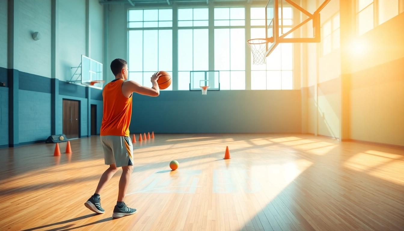 Young athlete engaged in basketball training programs, practicing shooting drills in a gym.