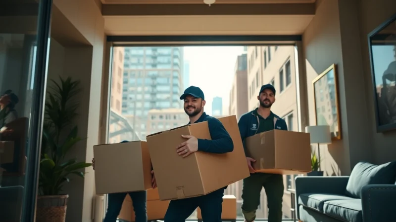 Brooklyn movers expertly handling boxes during a professional move in a city setting.