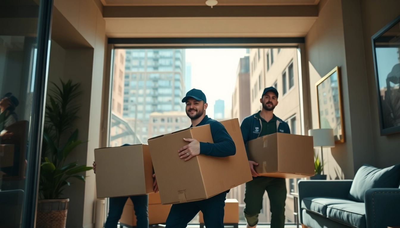 Brooklyn movers expertly handling boxes during a professional move in a city setting.