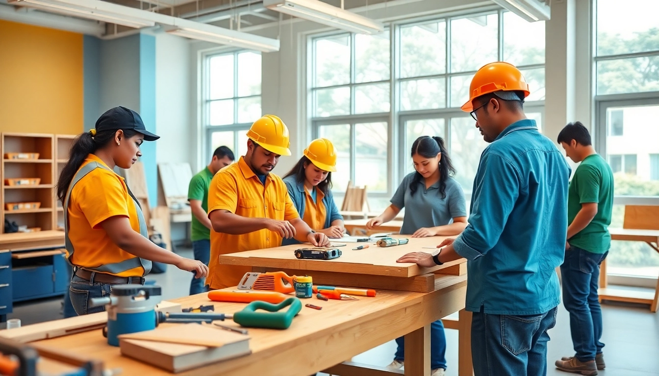 Students engaged in hands-on learning at hawaii trade schools, focusing on carpentry skills.