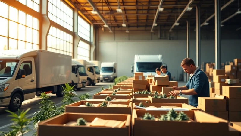 Efficient cannabis shipping to California highlighting the thoughtful packing process in a logistics facility.