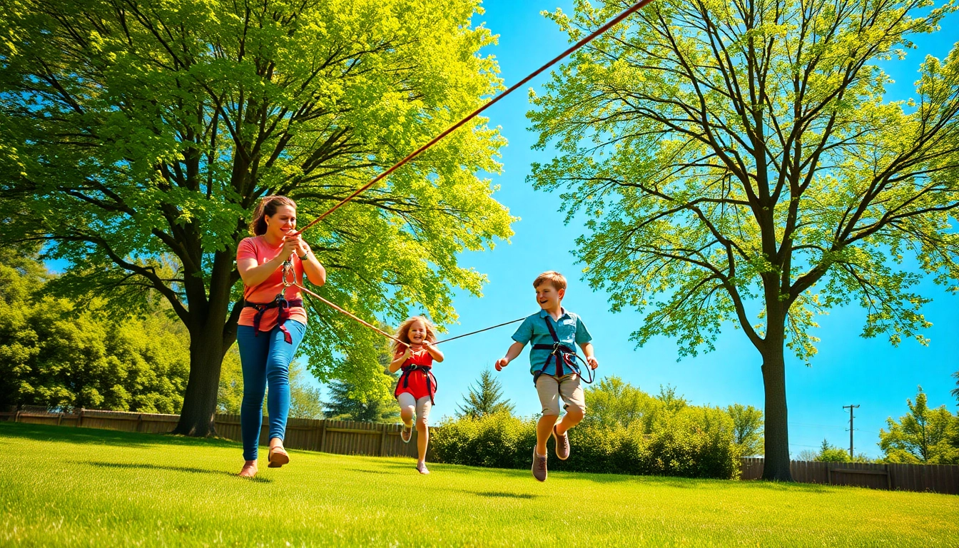 Family enjoying a ZIP WIRE KIT in a vibrant backyard with children gliding across the line.
