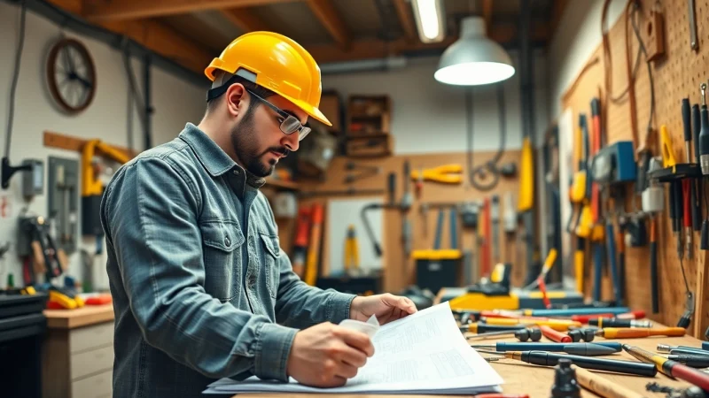 Electrician examining blueprints in a modern workshop with professional tools.
