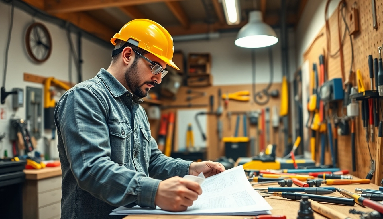 Electrician examining blueprints in a modern workshop with professional tools.