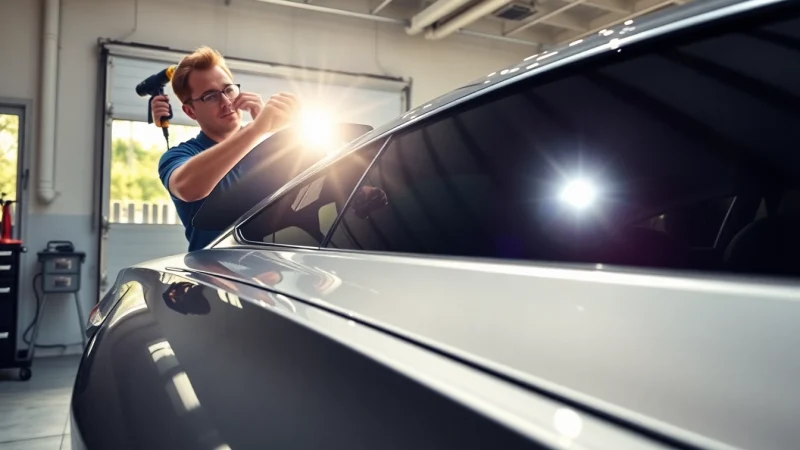 Car window tinting technician applying film on a luxury vehicle in a bright, modern garage.