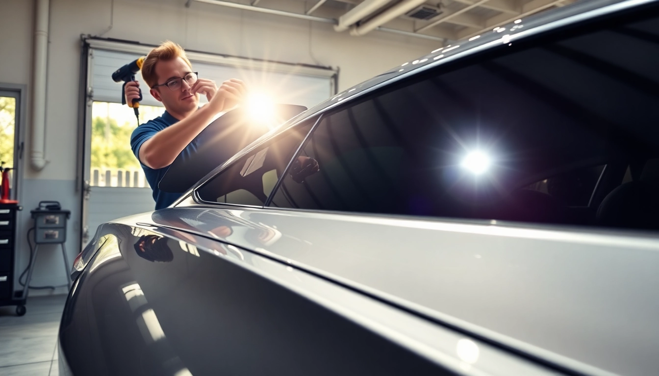 Car window tinting technician applying film on a luxury vehicle in a bright, modern garage.