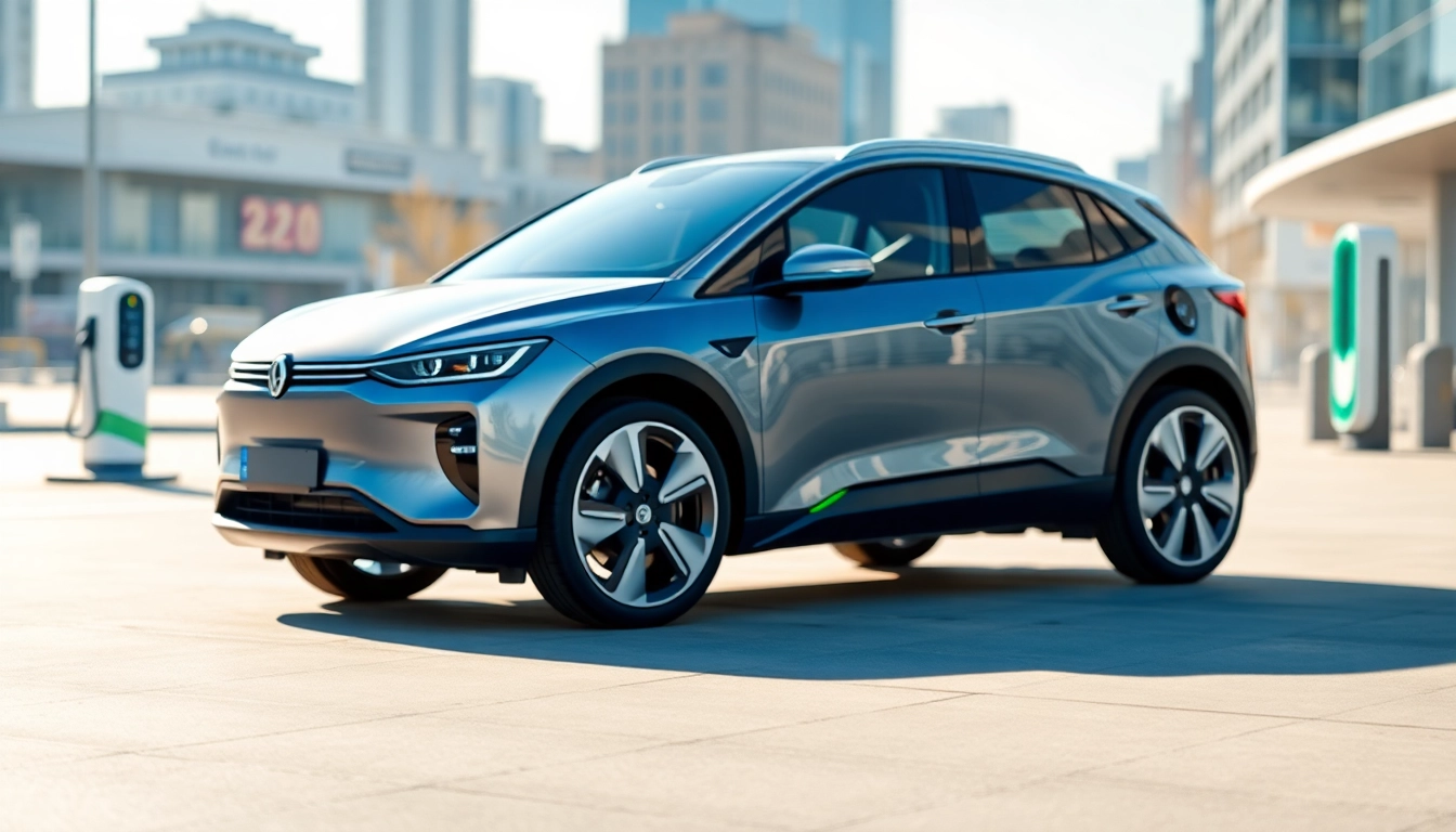 Keys for electric cars displayed with a futuristic electric vehicle in an urban setting.
