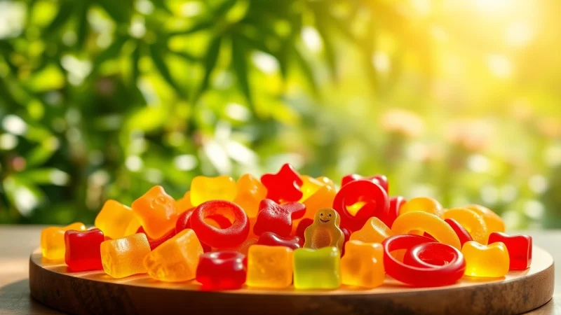 Shop for thc gummies online with colorful gummy bears displayed in a bright garden setting.