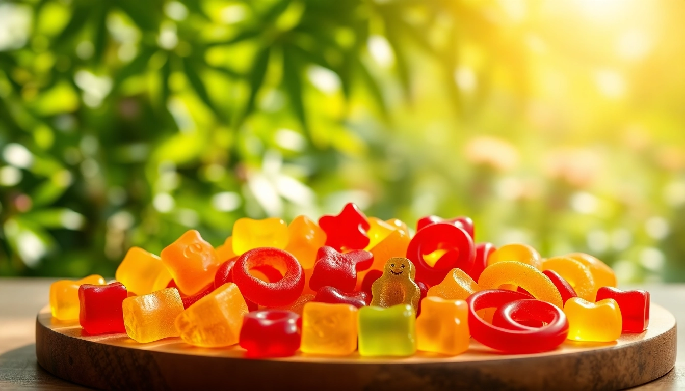 Shop for thc gummies online with colorful gummy bears displayed in a bright garden setting.