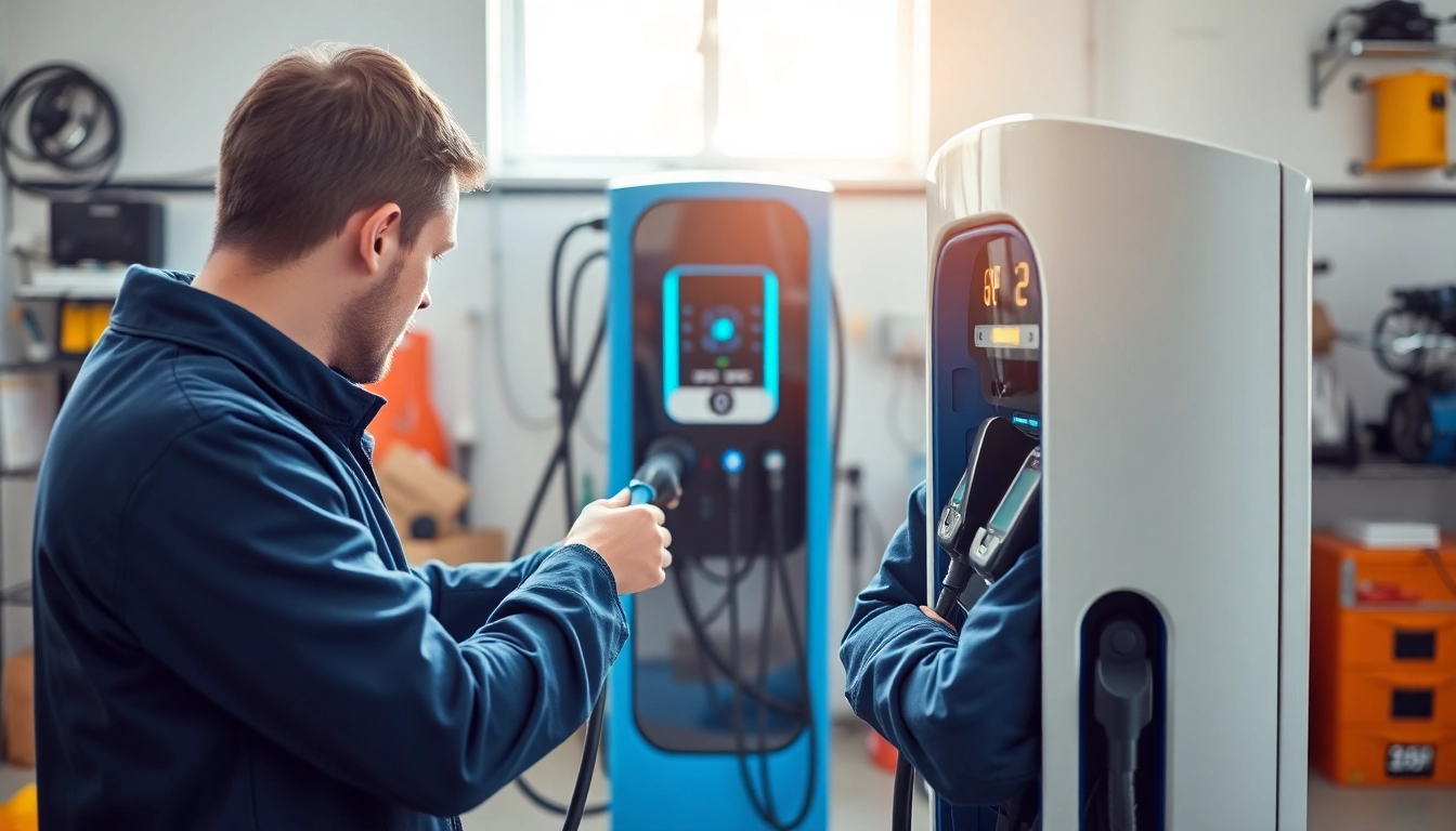 Technician performing EV charger installation in a well-lit garage setting with modern tools.