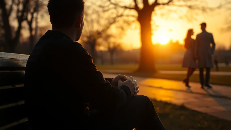 Reflecting on a relationship breakup with a sunset backdrop and contemplative mood.