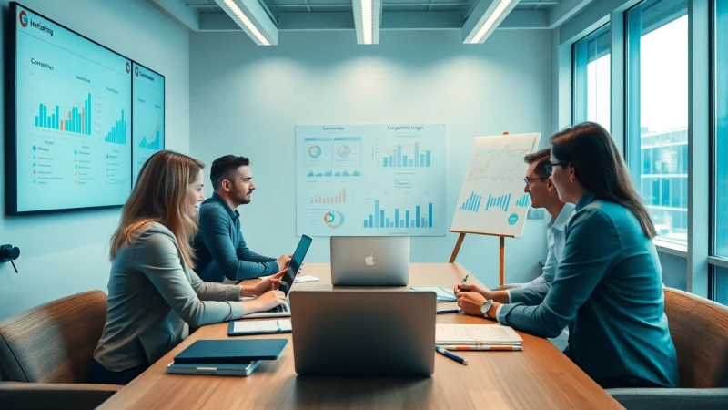 Analyze AI prompts for competitor analysis amidst collaborative discussions in a modern office.