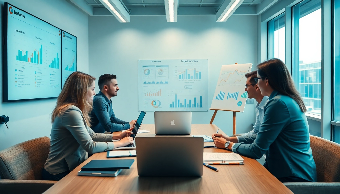 Analyze AI prompts for competitor analysis amidst collaborative discussions in a modern office.