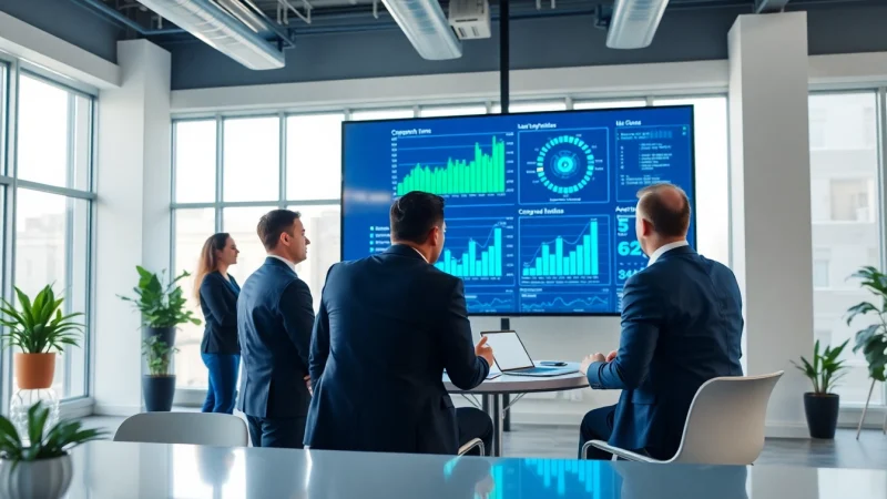 Analyze AI for competitor analysis data with a dedicated business team in a modern setting.