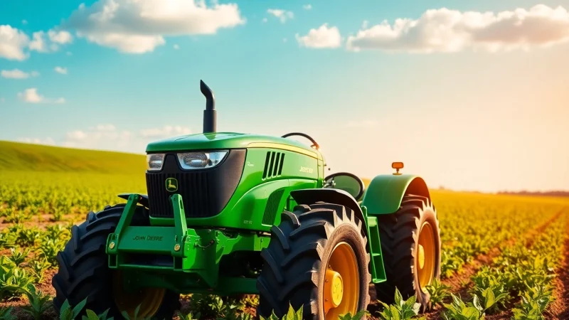 John Deere Traktor auf einem fruchtbaren Feld, das die Landwirtschaftsinnovation zeigt.